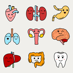 Set of color line illustrations of human organs emoji on Cloud Dancer Pantone color background.