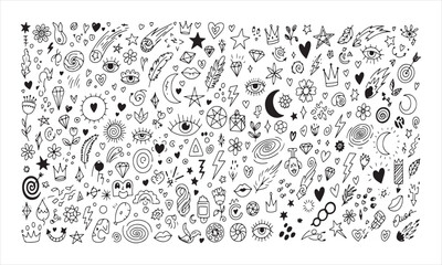 Hand drawn doodle pattern with celestial, magical, spiritual, and whimsical elements design.