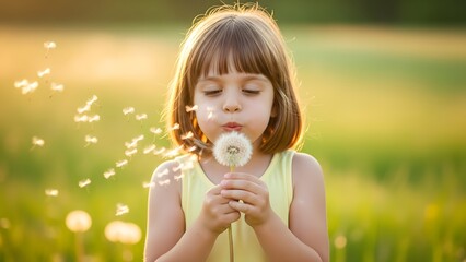 Child's Whimsical Wish: A young girl, lost in the magic of the moment, gently blows the delicate seeds of a dandelion, sending wishes on the wind. Capturing pure joy and childhood dreams.