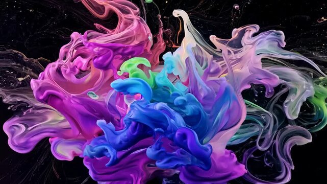 An abstract, vibrant explosion of colorful paint swirls in shades of pink, green, blue, and orange against a black background. 4k Video footage.