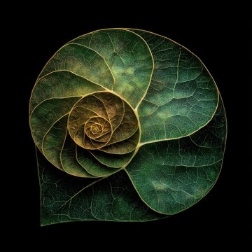 Golden ratio Fibonacci spiral made of green leaves against a stark black background leaf nature
