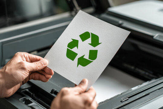 Person holding a printed sheet with green recycling symbol over a scanner representing eco-friendly printing and environmental awareness concepts - Powered by Adobe