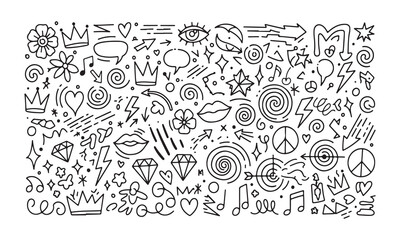 Hand drawn doodle elements collection featuring arrows hearts stars music notes and abstract shapes.