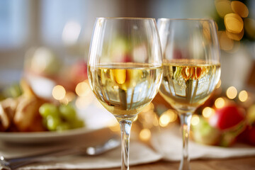 Two elegant wine glasses filled with white wine set on a festive table with blurred gourmet food and warm string lights in the cozy background ambiance