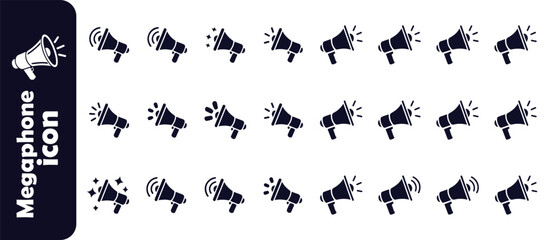 Megaphone filled solid icon set, black and white vector, announcement and attention concept illustration