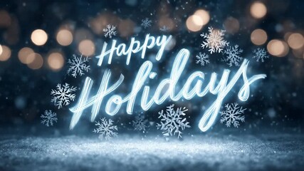 Glowing happy holidays text appearing on a dark blue background with falling snowflakes and bokeh lights. Winter season animated greeting card - Powered by Adobe