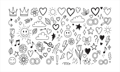 Obraz premium Collection of hand drawn doodle elements including hearts smiley faces music notes and stars.