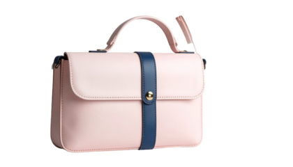 Pink satchel with a blue stripe and gold button isolated on black