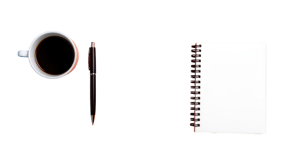 Coffee, pen, and notepad laid flat on black backdrop. Simple, clean, and isolated workspace aesthetic