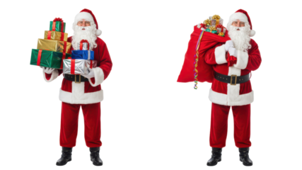 Two isolated full-length shots of Santa Claus holding a big pile of wrapped presents and a gift bag. isolated on Transparent Background