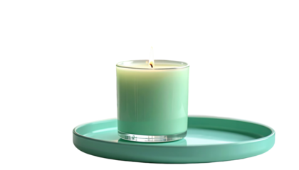 Lit mint candle in glass jar sits on matching plate against a black background, creating a minimalist aesthetic