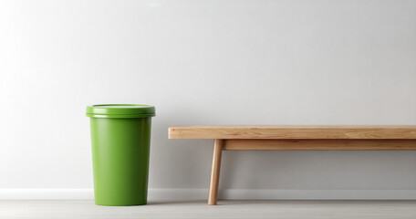 Minimalist interior scene with a green trash bin and wooden bench against a plain white wall and light wooden floor