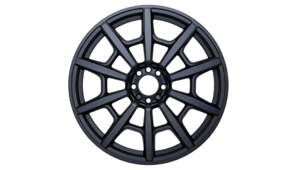 Metallic car wheel rim in center. Rays extend toward edge. Dark background
