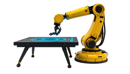 Yellow robotic arm reaching towards a black table with glowing blue circles on it