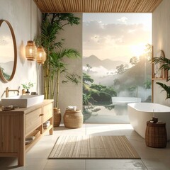 Zen Bathroom Oasis - Serene Mountain View and Natural Elements.