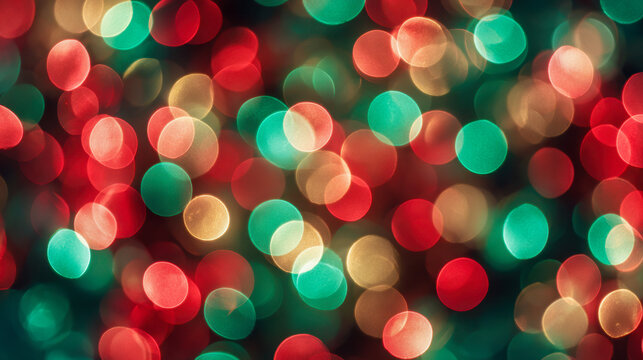 Festive multicolored circular bokeh lights creating a vibrant and cheerful holiday atmosphere with red, green, and warm golden tones in soft focus background - Powered by Adobe