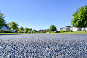 View of a suburban neighborhood road with smooth asphalt surface on a clear sunny day framed by green trees and houses in the background under a bright blue sky