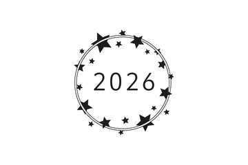 Minimalist black and white vector design featuring the year 2026 inside a circle of stars