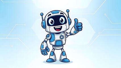 A cheerful blue and white cartoon robot giving a positive thumbs-up gesture on a light blue background.