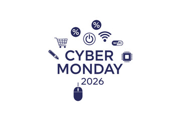 Cyber monday 2026 sales event banner with online shopping and tech icons