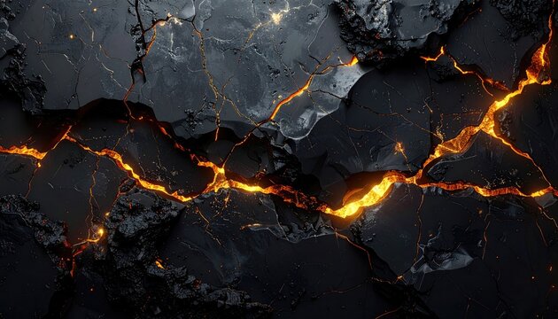 Textured dark rock with glowing orange cracks. Vivid, high contrast. Intense fissures. Erupting. Molten. Dark. Rough