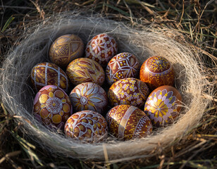 Intricate folkart eggs nestle warmly within soft fibers, symbolizing new beginnings and cultural richness. Ideal for springtime greetings, tradition, or symbolic designs.