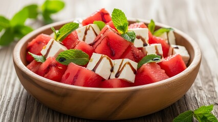 Fresh Watermelon Salad: A vibrant and refreshing watermelon salad, artfully presented in a wooden bowl, tantalizes with its colorful composition of juicy watermelon chunks, creamy cheese.