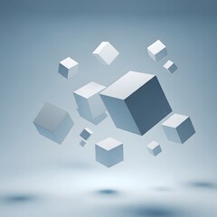 Obraz premium Abstract composition of floating white cubes in a light blue gradient space, representing data, technology, or conceptual ideas.
