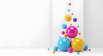 A cluster of large, glossy spheres in vibrant pink, yellow, and blue, appearing to float and bounce in a minimalist white room.