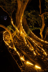 Reloj de arena gigante hecho con luces LED en la oscuridad, rodeado de bokeh navideño.