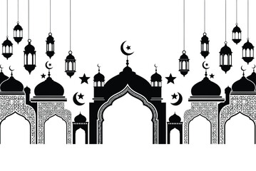 Elegant black and white silhouette of mosque domes and arches with hanging lanterns and islamic symbols © md