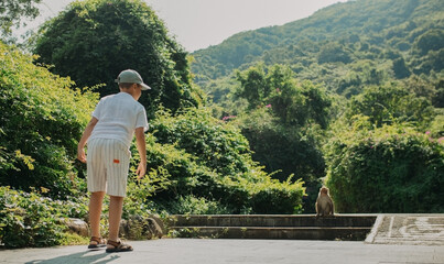 The boy looks at the sitting monkey, and she looks at him