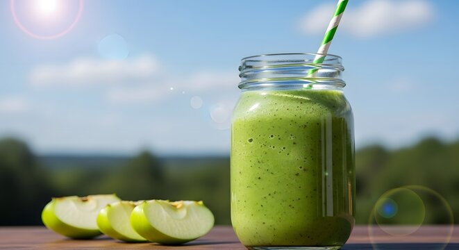 A refreshing green smoothie in a glass mason jar with a striped straw, served outdoors on a sunny day with sliced green apples nearby. - Powered by Adobe