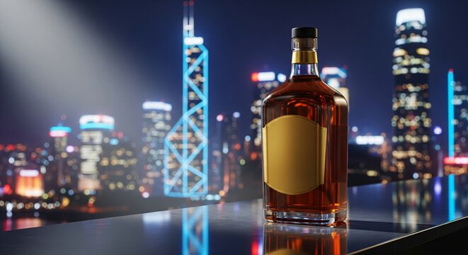 Liquor bottle with a blank golden label on a reflective surface Blurred illuminated night city skyline backdrop
