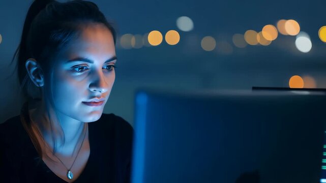 A focused woman working on a laptop with coding scripts displayed on screens in a dimly lit room. 4k Video footage.