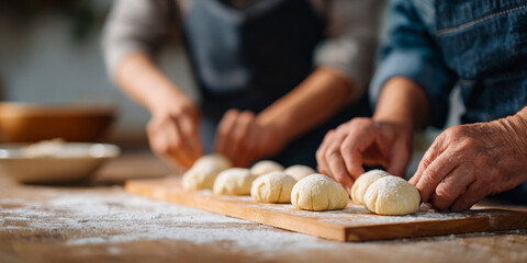 Close-up of two people shaping dough balls on a wooden board in a kitchen with flour scattered on the surface