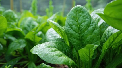Obraz premium Fresh spinach leaves with water droplets