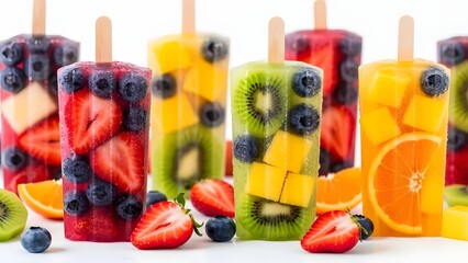 Colorful Fruit Popsicles: A vibrant display of artisanal popsicles, each brimming with fresh fruit pieces, creating a refreshing treat for a warm day.