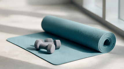 Rolled blue yoga mat with two gray dumbbells placed on a light floor near a window in soft natural light