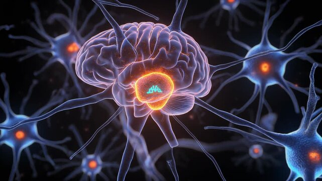Digital illustration of brain, neurons, and neural network activity