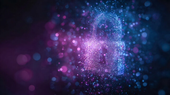 Glowing digital padlock formed by sparkling particles in a dark abstract background symbolizing cybersecurity and data protection concepts in vibrant colors