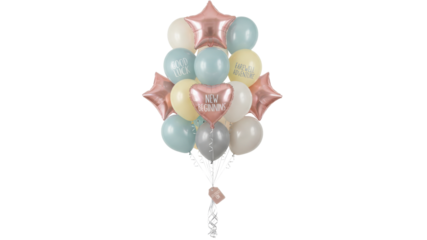Large Pastel and Rose Gold Foil Balloon Bouquet with Heart and Star Shapes isolated on Transparent Background