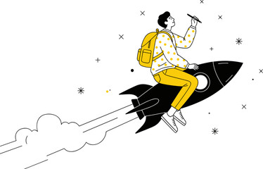 Rocket creativity illustration, space exploration, imagination and innovation, stylized character, black white yellow design, vector concept, adventure and learning