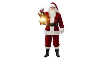 Full-Length Photo of Santa Claus in Red Suit Holding Illuminated Antique Lantern isolated on Transparent Background