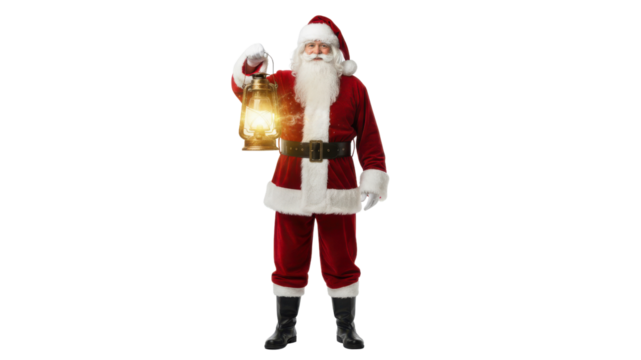 Full-Length Photo of Santa Claus in Red Suit Holding Illuminated Antique Lantern isolated on Transparent Background - Powered by Adobe