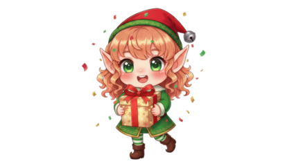 Cute Christmas Elf Chibi Character Holding a Wrapped Present with Confetti isolated on Transparent Background
