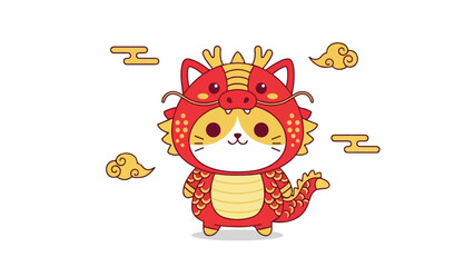 Chibi Cat in Dragon Costume Flat Lunar New Year Mascot Vector
