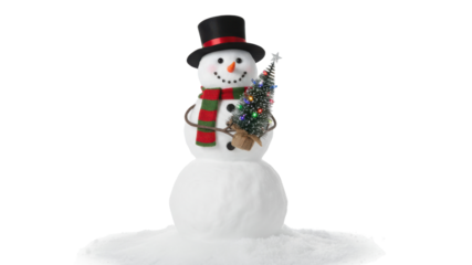 Festive Snowman Figure Wearing Top Hat and Scarf Holding Small Christmas Tree isolated on Transparent Background