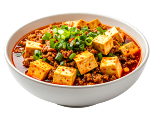 A close-up of vibrant Mapo Tofu: cubed soft tofu and minced meat simmered in rich red, spicy Sichuan chili sauce, garnished with scallions.