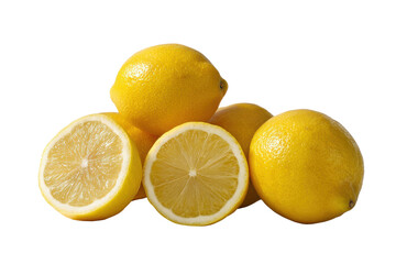 Pile of Whole and Halved Yellow Lemons Against Black Background citrus fruit, Isolated On White Background, Png Transparent